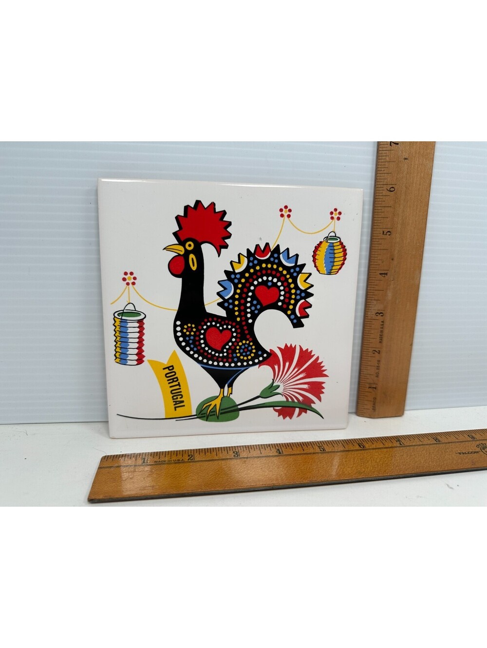 Vintage Ceramic Tile Rooster Portugal Aleluia Aveiro Flower Lanterns Hearts